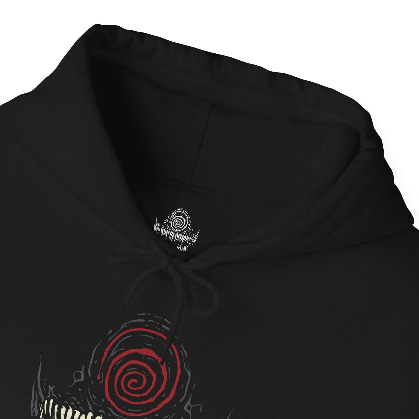Folded Hooded Sweatshirt of Knull emerging from cosmic darkness, surrounded by swirling symbiote matter and eldritch void energy. His long white hair contrasts against the abyss while the living darkness beneath him spreads like an endless ocean. The composition emphasizes godlike power, eternal night, and the terrifying presence of the ruler behind Marvel’s symbiote hive mind.