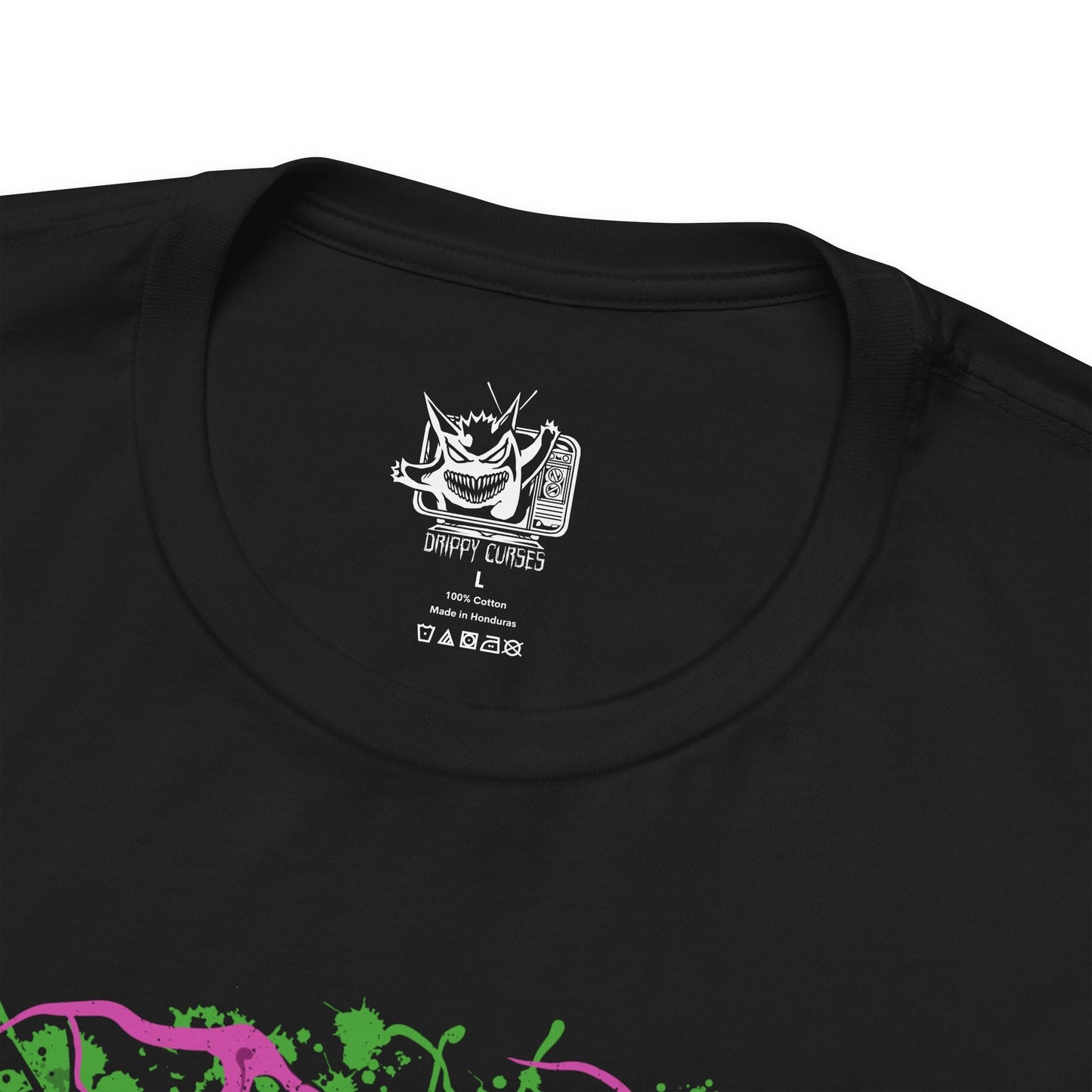 Folded T-shirt design of Spiritomb from Pokémon, emerging from the ancient Odd Keystone as swirling purple spirits form a chaotic vortex of cursed faces. The stone rests among cracked earth and eerie fog while spectral energy radiates outward. The design captures the legend of 108 trapped souls bound together, creating a haunting ghost-type presence that embodies resentment and eternal imprisonment.