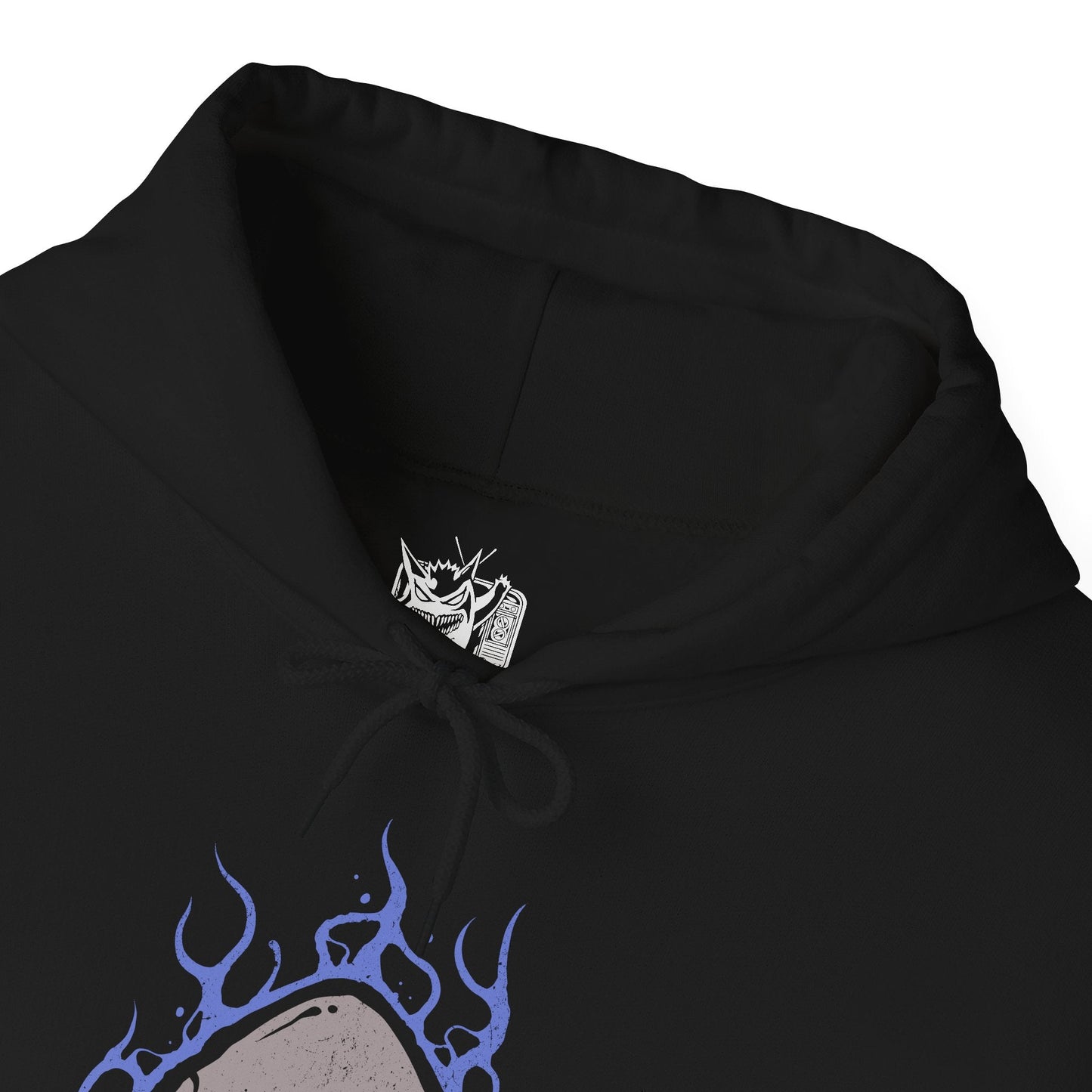 Folded Hooded Sweatshirt of Duskull, Dusclops, and Dusknoir framed by ghostly fog and flickering blue flame. Duskull hovers silently, Dusclops radiates quiet menace, and Dusknoir stands as a powerful warden of the dead. The composition emphasizes evolution, supernatural authority, and the mysterious presence that defines this ghost-type lineage.