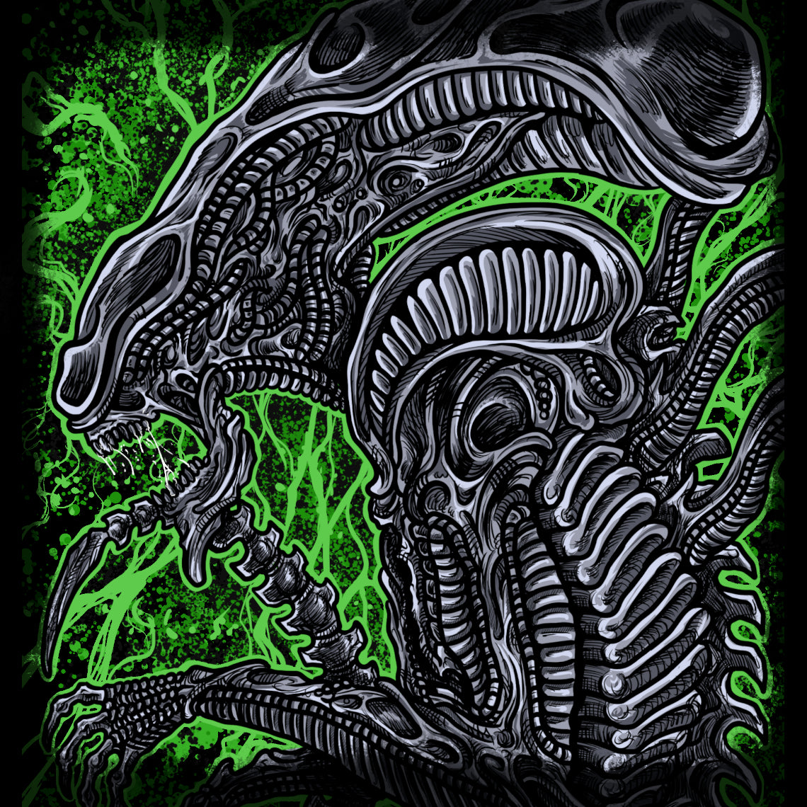 Artwork of Alien Xenomorph. The Xenomorph is the ultimate extraterrestrial predator from Alien, designed for survival, adaptation, and annihilation. With acidic blood, a biomechanical body, and a terrifying lifecycle, it evolves through hosts into the perfect killing machine. Silent, relentless, and intelligent, the Xenomorph embodies pure horror in sci-fi history.