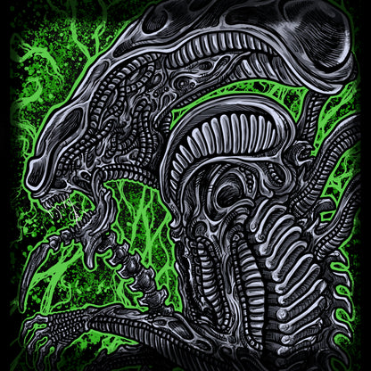 Artwork of Alien Xenomorph. The Xenomorph is the ultimate extraterrestrial predator from Alien, designed for survival, adaptation, and annihilation. With acidic blood, a biomechanical body, and a terrifying lifecycle, it evolves through hosts into the perfect killing machine. Silent, relentless, and intelligent, the Xenomorph embodies pure horror in sci-fi history.