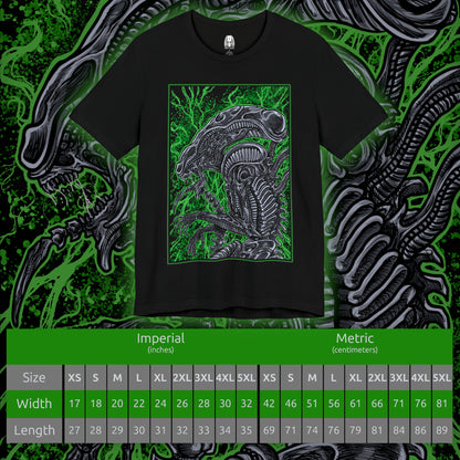 Size chart of a T-Shirt artwork depicting a Xenomorph stalking through a dark spaceship corridor, steam rising from vents as its skeletal body blends into the environment. Its tail coils behind it while dim red lights flicker across metallic walls. This design reflects survival horror at its peak, emphasizing stealth, fear, and the relentless nature of one of cinema’s most iconic monsters.