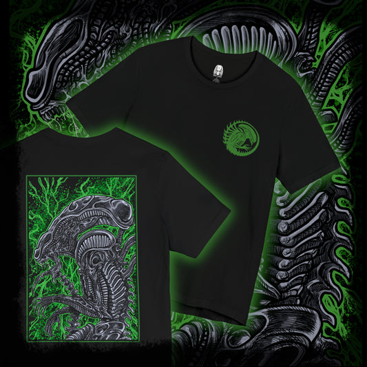 Thumbnail of a T-Shirt artwork depicting a Xenomorph stalking through a dark spaceship corridor, steam rising from vents as its skeletal body blends into the environment. Its tail coils behind it while dim red lights flicker across metallic walls. This design reflects survival horror at its peak, emphasizing stealth, fear, and the relentless nature of one of cinema’s most iconic monsters.
