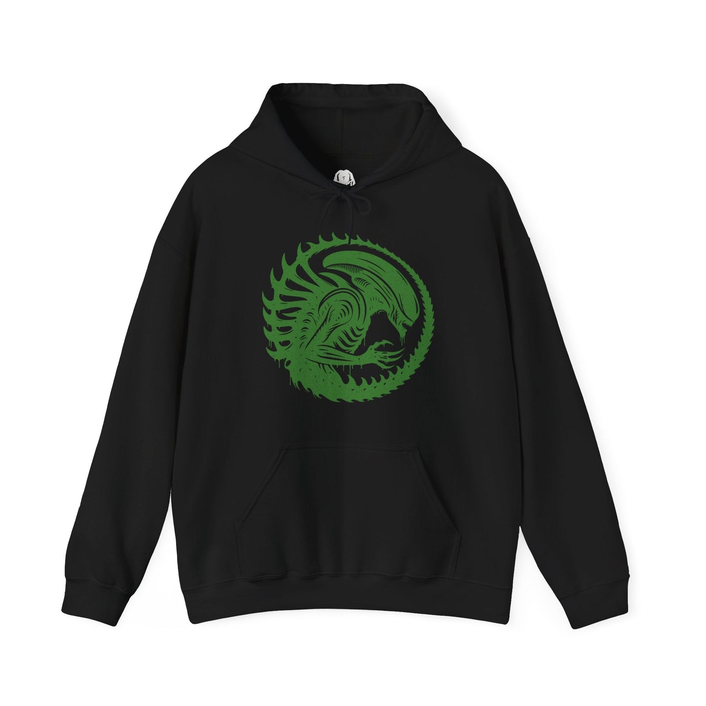Image 4 of a Hooded Sweatshirt of a Xenomorph standing over its prey in a dimly lit chamber, its glossy exoskeleton reflecting harsh industrial lighting. Shadows stretch across the floor as its elongated skull tilts forward, ready to attack. The composition emphasizes isolation, terror, and the unstoppable instinct of a creature designed purely for survival and dominance.