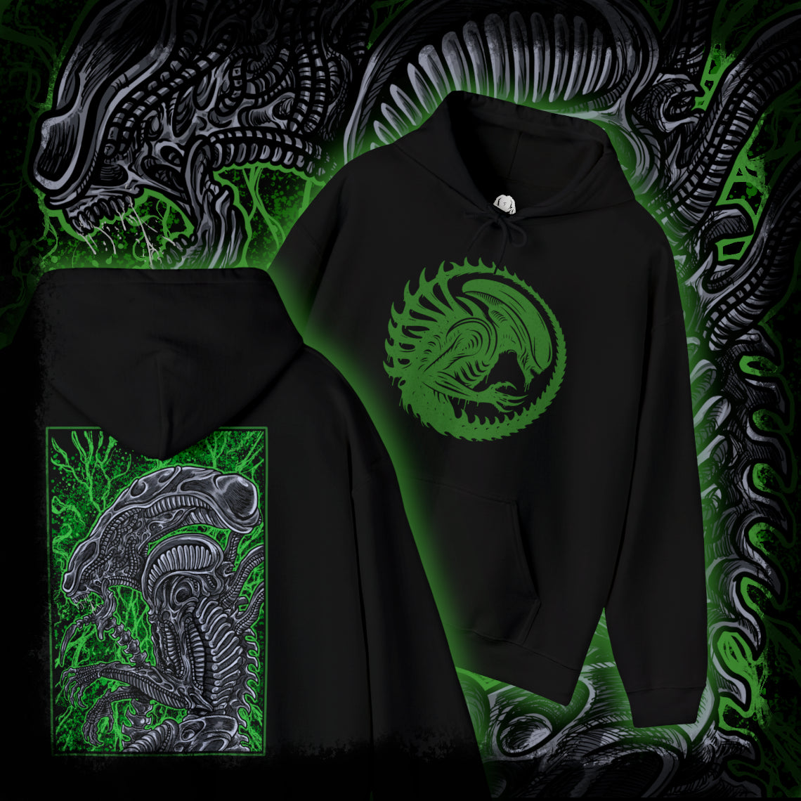 Thumbnail of a Hooded Sweatshirt of a Xenomorph standing over its prey in a dimly lit chamber, its glossy exoskeleton reflecting harsh industrial lighting. Shadows stretch across the floor as its elongated skull tilts forward, ready to attack. The composition emphasizes isolation, terror, and the unstoppable instinct of a creature designed purely for survival and dominance.