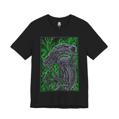 Image 4 of a T-Shirt design of a Xenomorph from Alien, emerging from deep shadows with its elongated biomechanical head glistening under dim industrial light. Acidic saliva drips from its jaws as its inner mouth prepares to strike. The design captures the creature’s perfect organism form, blending organic horror with cold alien precision in a setting filled with tension and dread.