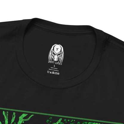 Folded T-Shirt design of a Xenomorph from Alien, emerging from deep shadows with its elongated biomechanical head glistening under dim industrial light. Acidic saliva drips from its jaws as its inner mouth prepares to strike. The design captures the creature’s perfect organism form, blending organic horror with cold alien precision in a setting filled with tension and dread.
