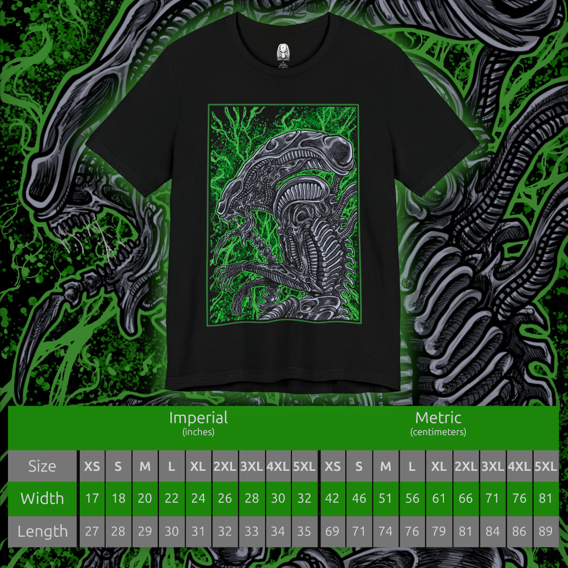 Size chart of a T-Shirt design of a Xenomorph from Alien, emerging from deep shadows with its elongated biomechanical head glistening under dim industrial light. Acidic saliva drips from its jaws as its inner mouth prepares to strike. The design captures the creature’s perfect organism form, blending organic horror with cold alien precision in a setting filled with tension and dread.