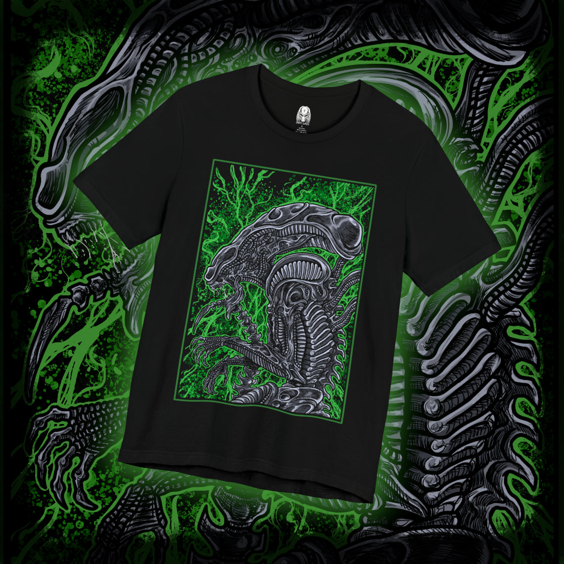 Thumbnail of a T-Shirt design of a Xenomorph from Alien, emerging from deep shadows with its elongated biomechanical head glistening under dim industrial light. Acidic saliva drips from its jaws as its inner mouth prepares to strike. The design captures the creature’s perfect organism form, blending organic horror with cold alien precision in a setting filled with tension and dread.