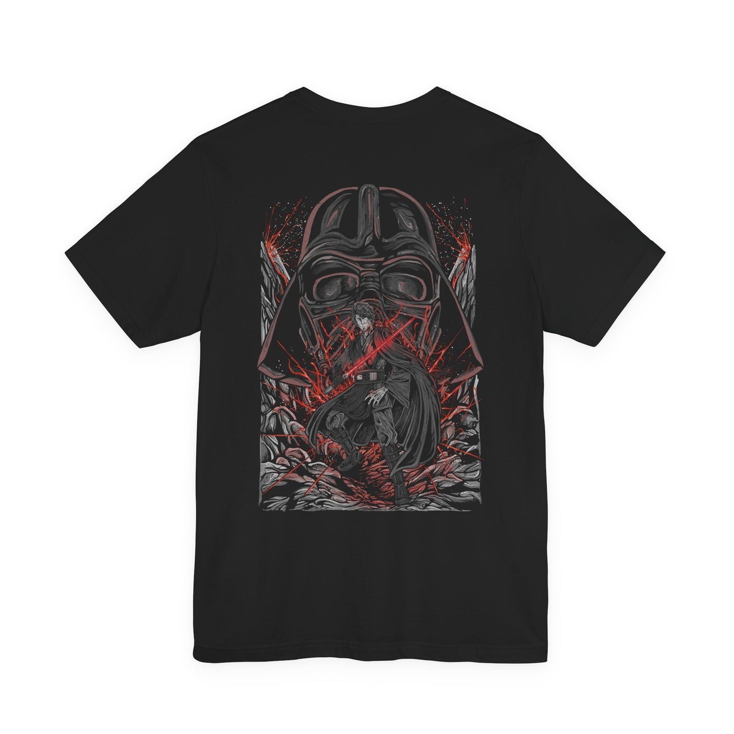 Image 5 of a T-Shirt artwork depicting Anakin Skywalker transitioning into Darth Vader, with flames and darkness consuming the scene as his Jedi robes fade into black armor. The glow of a lightsaber shifts from blue to red, reflecting his descent into the dark side. This design emphasizes betrayal, loss, and the emotional weight behind one of the most iconic character arcs in film history.