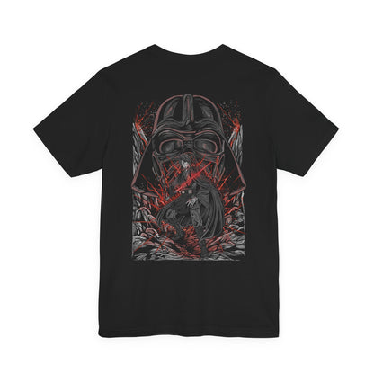 Image 5 of a T-Shirt artwork depicting Anakin Skywalker transitioning into Darth Vader, with flames and darkness consuming the scene as his Jedi robes fade into black armor. The glow of a lightsaber shifts from blue to red, reflecting his descent into the dark side. This design emphasizes betrayal, loss, and the emotional weight behind one of the most iconic character arcs in film history.