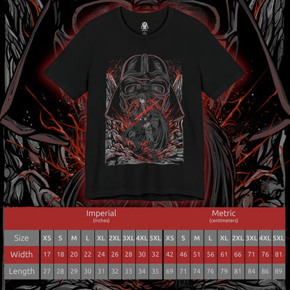 Size chart of a T-Shirt artwork depicting Anakin Skywalker transitioning into Darth Vader, with flames and darkness consuming the scene as his Jedi robes fade into black armor. The glow of a lightsaber shifts from blue to red, reflecting his descent into the dark side. This design emphasizes betrayal, loss, and the emotional weight behind one of the most iconic character arcs in film history.