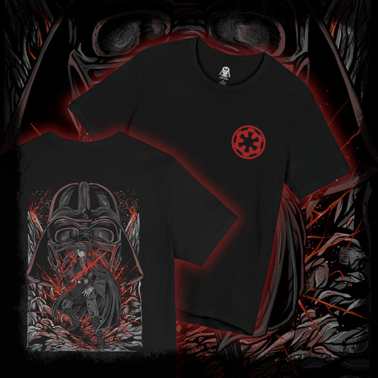 Thumbnail of a T-Shirt artwork depicting Anakin Skywalker transitioning into Darth Vader, with flames and darkness consuming the scene as his Jedi robes fade into black armor. The glow of a lightsaber shifts from blue to red, reflecting his descent into the dark side. This design emphasizes betrayal, loss, and the emotional weight behind one of the most iconic character arcs in film history.