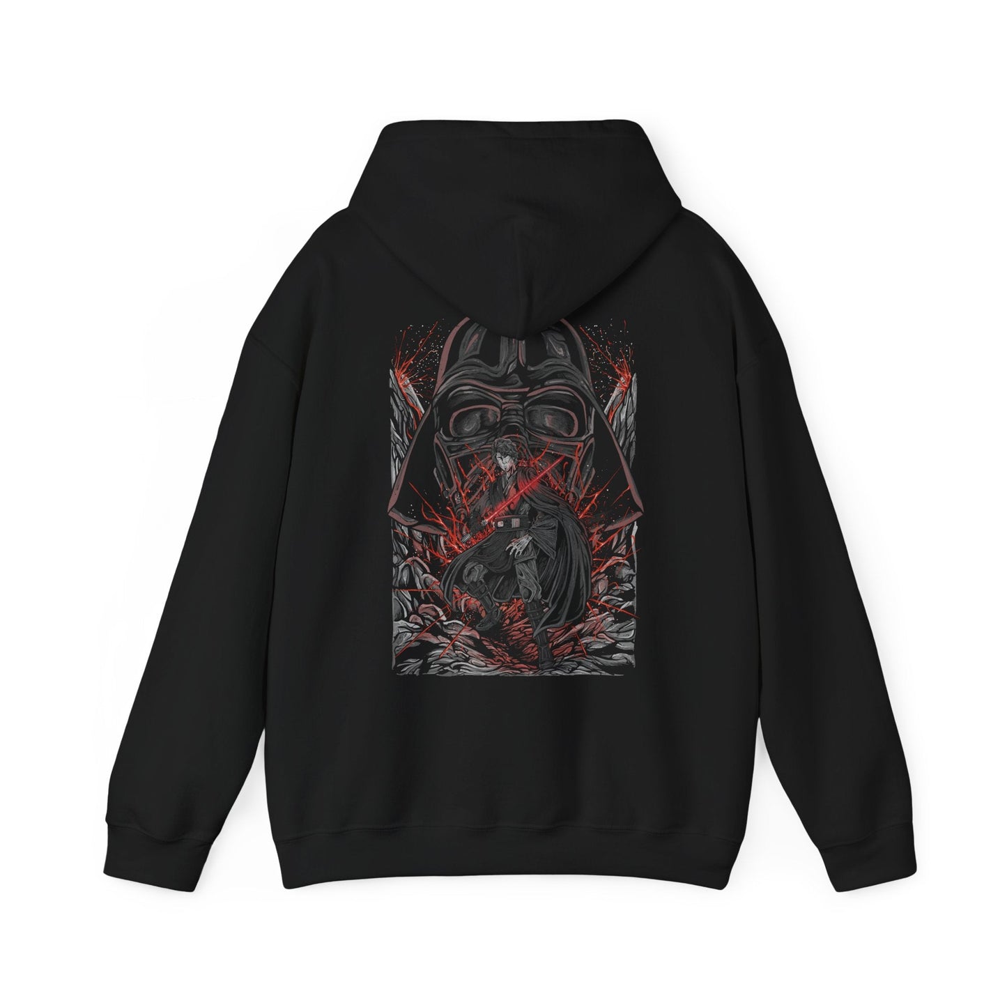 Image 5 of a Hooded Sweatshirt of Darth Vader looming behind Anakin Skywalker, his shadow cast across a war-torn landscape as echoes of the Clone Wars fade into darkness. Sparks and embers drift through the air as the two identities merge into one tragic figure. The composition highlights duality, fate, and the irreversible path from chosen hero to feared Sith Lord.