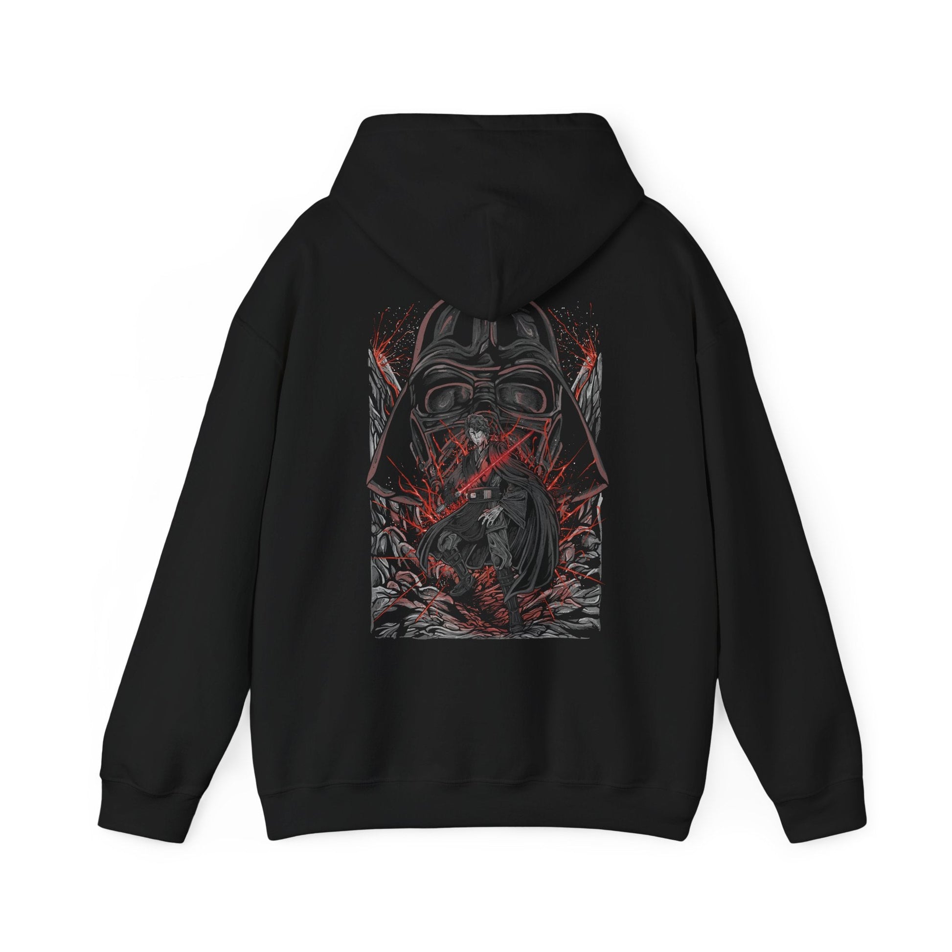 Image 5 of a Hooded Sweatshirt of Darth Vader looming behind Anakin Skywalker, his shadow cast across a war-torn landscape as echoes of the Clone Wars fade into darkness. Sparks and embers drift through the air as the two identities merge into one tragic figure. The composition highlights duality, fate, and the irreversible path from chosen hero to feared Sith Lord.