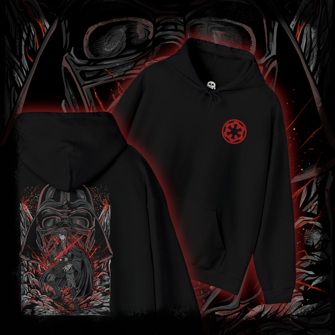 Thumbnail of a Hooded Sweatshirt of Darth Vader looming behind Anakin Skywalker, his shadow cast across a war-torn landscape as echoes of the Clone Wars fade into darkness. Sparks and embers drift through the air as the two identities merge into one tragic figure. The composition highlights duality, fate, and the irreversible path from chosen hero to feared Sith Lord.
