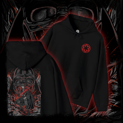 Thumbnail of a Hooded Sweatshirt of Darth Vader looming behind Anakin Skywalker, his shadow cast across a war-torn landscape as echoes of the Clone Wars fade into darkness. Sparks and embers drift through the air as the two identities merge into one tragic figure. The composition highlights duality, fate, and the irreversible path from chosen hero to feared Sith Lord.