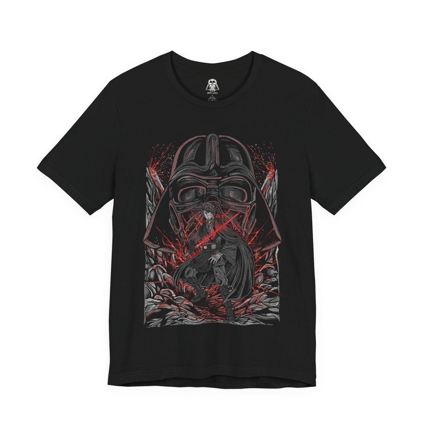 Image 4 of a T-Shirt design of Anakin Skywalker and Darth Vader from Star Wars, standing divided by light and shadow as blue and red lightsabers glow against a darkened battlefield. Anakin’s determined gaze contrasts with Vader’s imposing armored form, symbolizing the tragic fall of a hero. The design captures the transformation, inner conflict, and destiny that reshaped the galaxy.