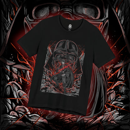Thumbnail of a T-Shirt design of Anakin Skywalker and Darth Vader from Star Wars, standing divided by light and shadow as blue and red lightsabers glow against a darkened battlefield. Anakin’s determined gaze contrasts with Vader’s imposing armored form, symbolizing the tragic fall of a hero. The design captures the transformation, inner conflict, and destiny that reshaped the galaxy.