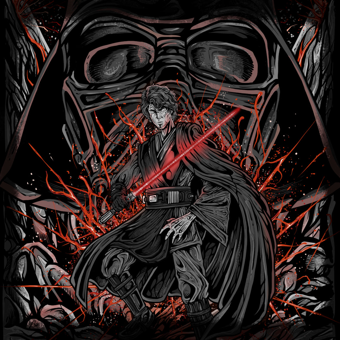 Wallpaper of Anakin Skywalker. The story of Anakin Skywalker becoming Darth Vader defines the heart of Star Wars. Consumed by fear of losing those he loved, Anakin embraced the Dark Side, gaining immense power at the cost of his humanity. Encased in black armor, Vader became a symbol of fear across the galaxy.