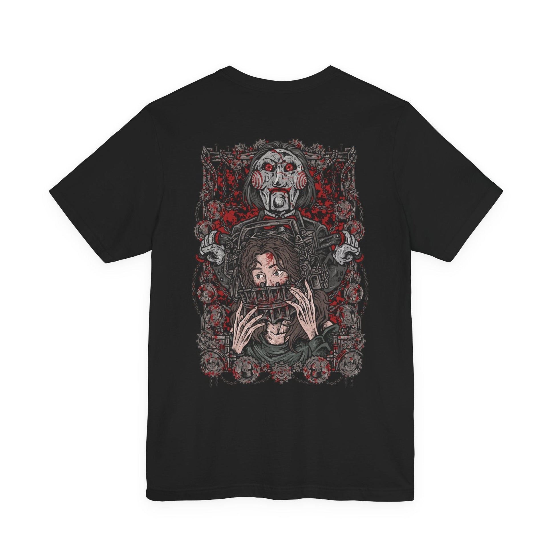 Image 5 of a T-Shirt artwork depicting Billy the Puppet emerging from darkness with his tricycle positioned beneath a harsh spotlight. Shadows stretch across the floor while old television screens and mechanical traps fill the background. This design reflects the disturbing symbolism of Jigsaw’s messenger, embodying dread, manipulation, and the cruel tests that define the Saw franchise.
