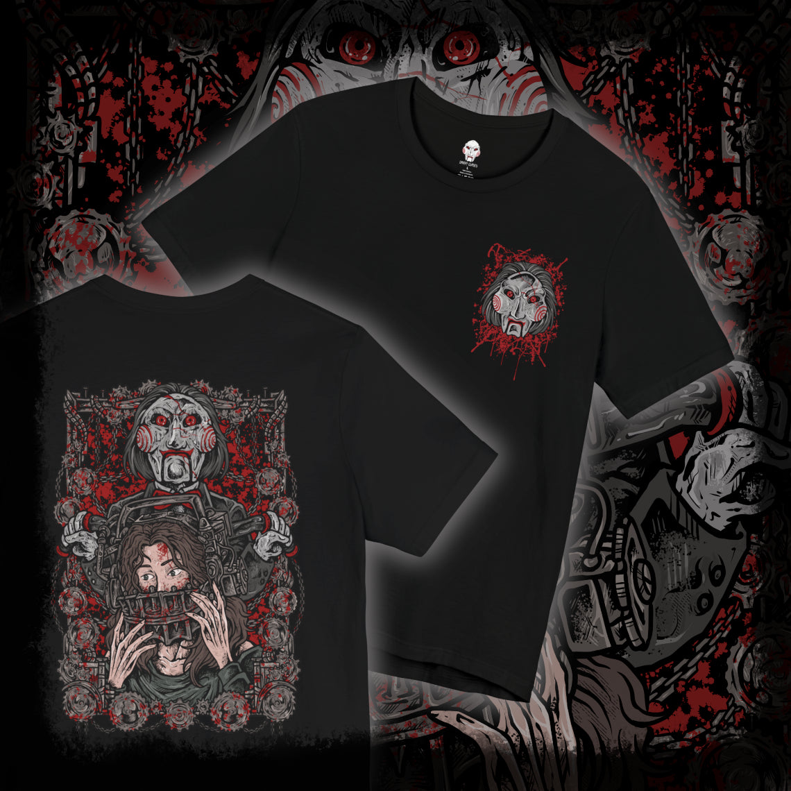 Thumbnail of a T-Shirt artwork depicting Billy the Puppet emerging from darkness with his tricycle positioned beneath a harsh spotlight. Shadows stretch across the floor while old television screens and mechanical traps fill the background. This design reflects the disturbing symbolism of Jigsaw’s messenger, embodying dread, manipulation, and the cruel tests that define the Saw franchise.