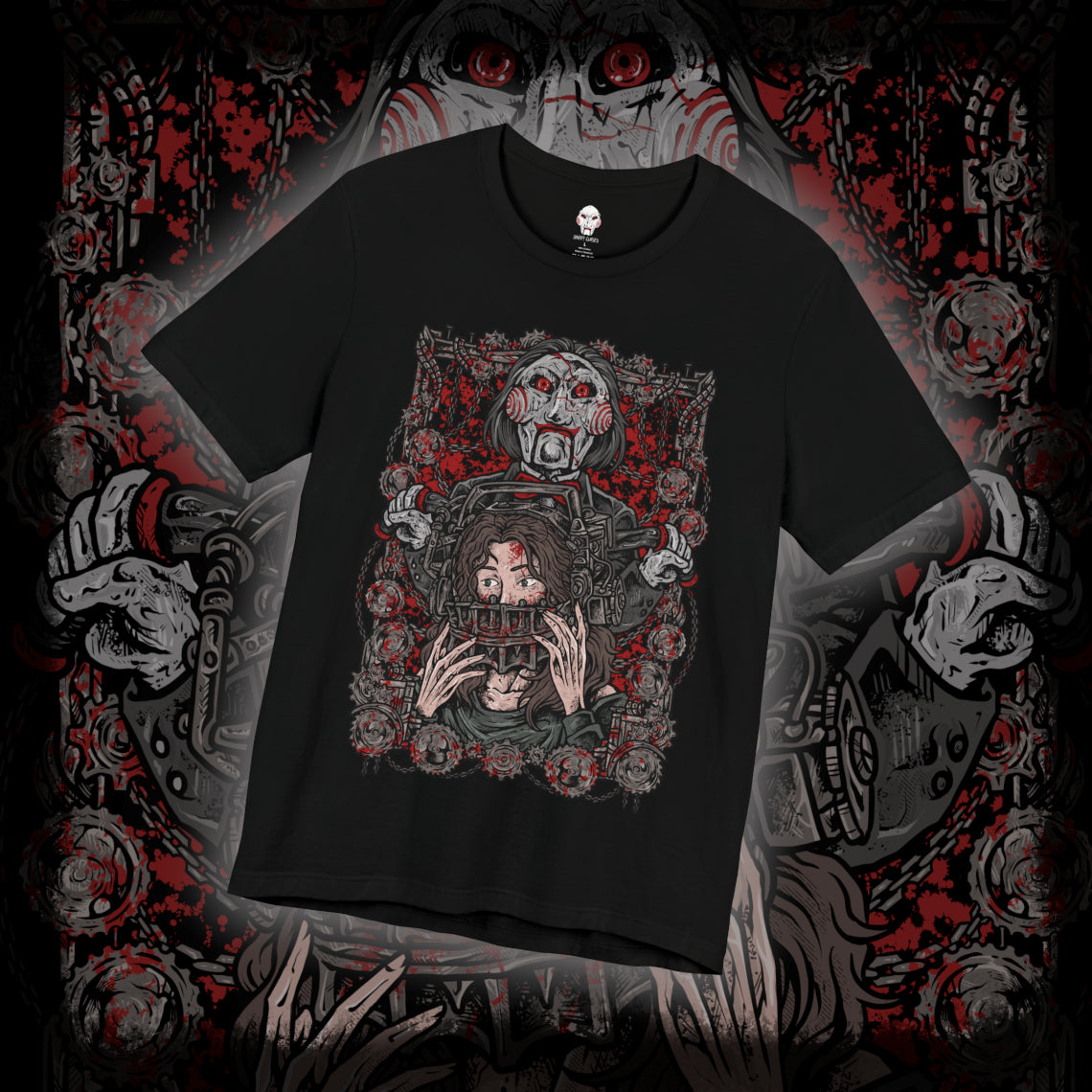 Thumbnail of a T-Shirt design of Billy the Puppet from Saw, seated on his tricycle in a dimly lit room surrounded by rusted chains, flickering lights, and blood-stained walls. His pale face, spiraled red cheeks, and unblinking eyes create an unsettling presence. The design captures the psychological horror of Jigsaw’s games and the fear of being forced to choose between survival and sacrifice.
