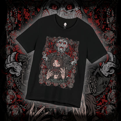 Thumbnail of a T-Shirt design of Billy the Puppet from Saw, seated on his tricycle in a dimly lit room surrounded by rusted chains, flickering lights, and blood-stained walls. His pale face, spiraled red cheeks, and unblinking eyes create an unsettling presence. The design captures the psychological horror of Jigsaw’s games and the fear of being forced to choose between survival and sacrifice.
