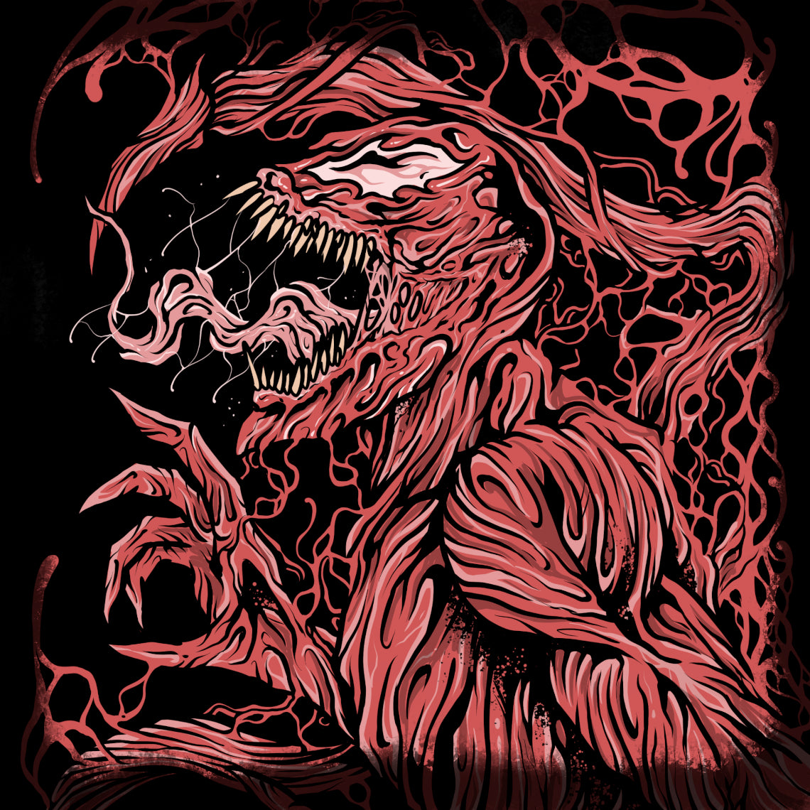 Artwork of Carnage Symbiote. Carnage is one of the most violent and dangerous symbiotes in the Marvel Universe, born from the offspring of Venom and bonded to serial killer Cletus Kasady. Fueled by chaos and bloodlust, Carnage possesses terrifying shape-shifting powers, overwhelming strength, and a complete disregard for morality or mercy.