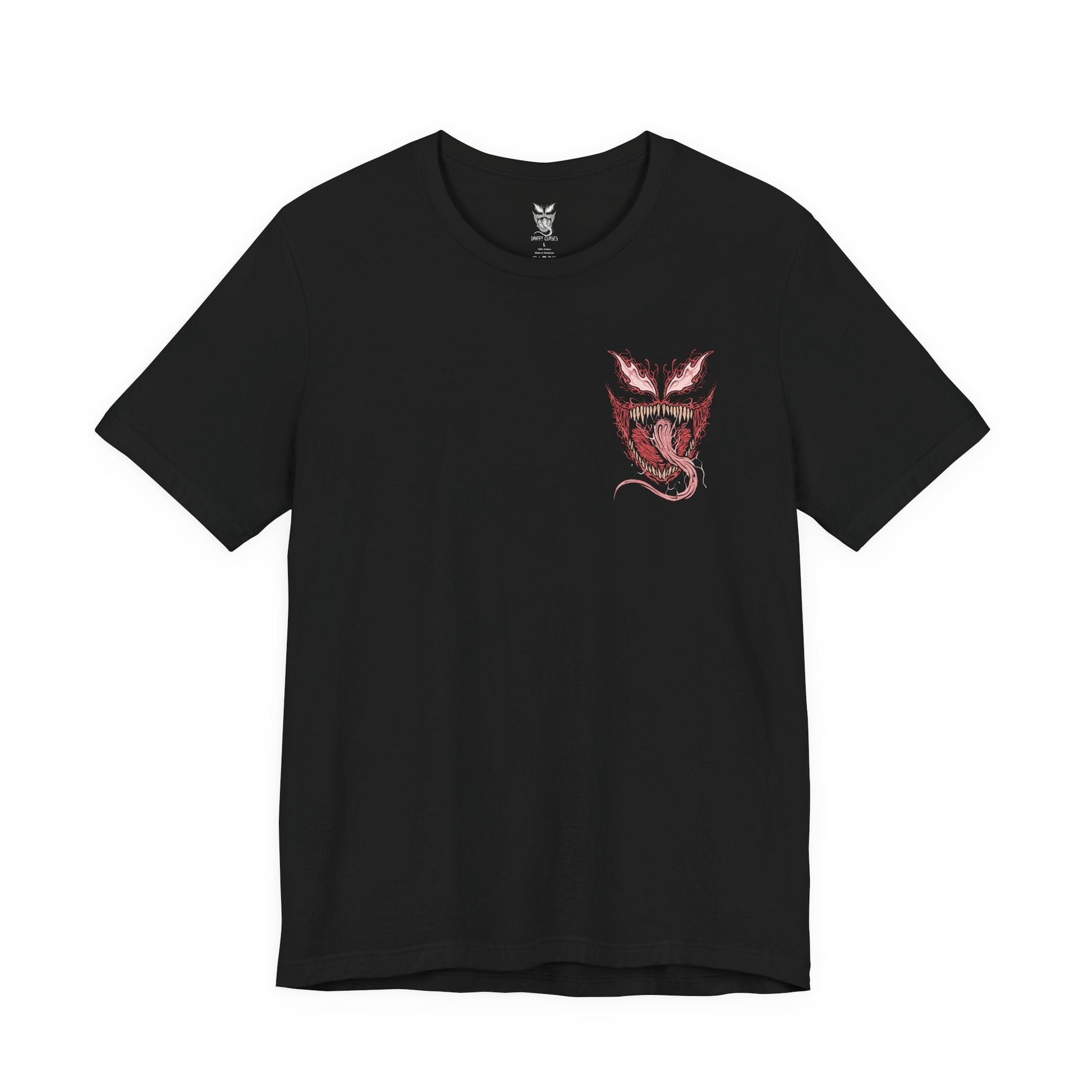 Image 4 of a T-Shirt artwork depicting Carnage lunging forward through a storm of blood-red symbiote tendrils, claws extended as the ground fractures beneath him. Black and crimson textures ripple across his body while sharp appendages form from living organic matter. This design reflects uncontrollable brutality, psychotic energy, and the savage nature of one of Marvel’s most dangerous symbiotes.