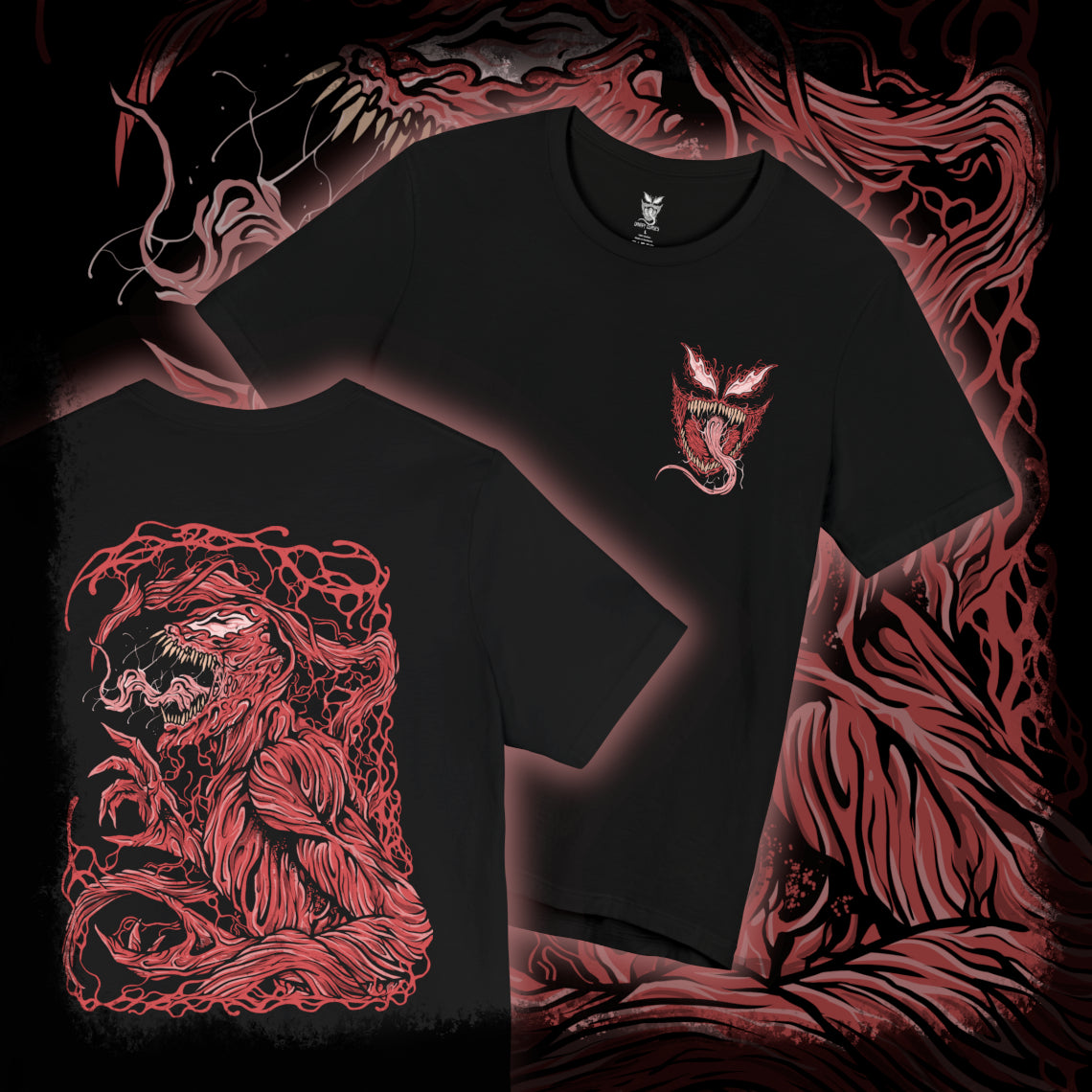 Thumbnail of a T-Shirt artwork depicting Carnage lunging forward through a storm of blood-red symbiote tendrils, claws extended as the ground fractures beneath him. Black and crimson textures ripple across his body while sharp appendages form from living organic matter. This design reflects uncontrollable brutality, psychotic energy, and the savage nature of one of Marvel’s most dangerous symbiotes.