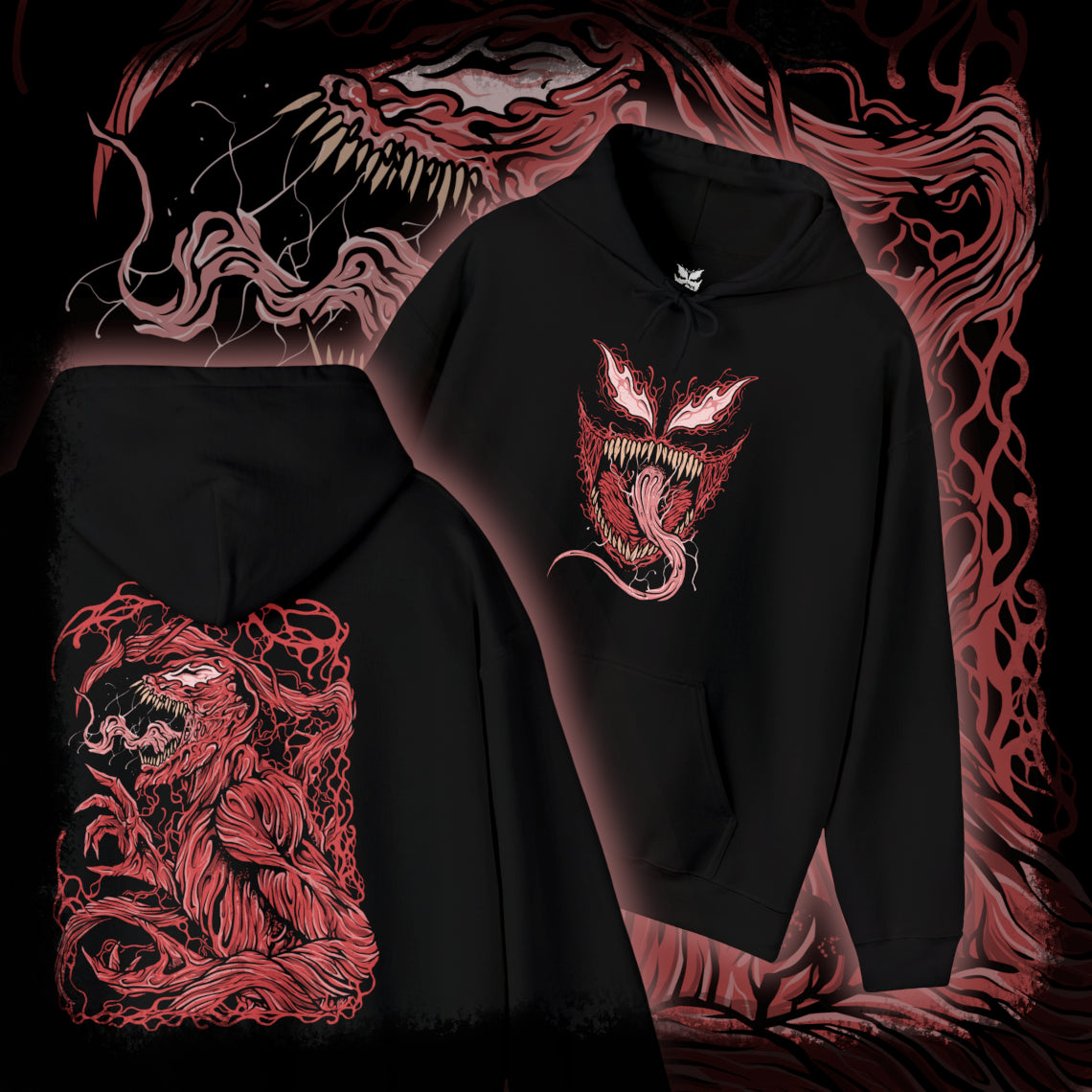 Thumbnail of a Hooded Sweatshirt of Carnage standing amid destruction as symbiote blades and tendrils spiral outward from his body like living weapons. The crimson creature towers against a dark urban backdrop while debris and shadow surround him. The composition emphasizes horror, chaos, and the overwhelming bloodthirst that defines the Carnage symbiote’s terrifying existence.