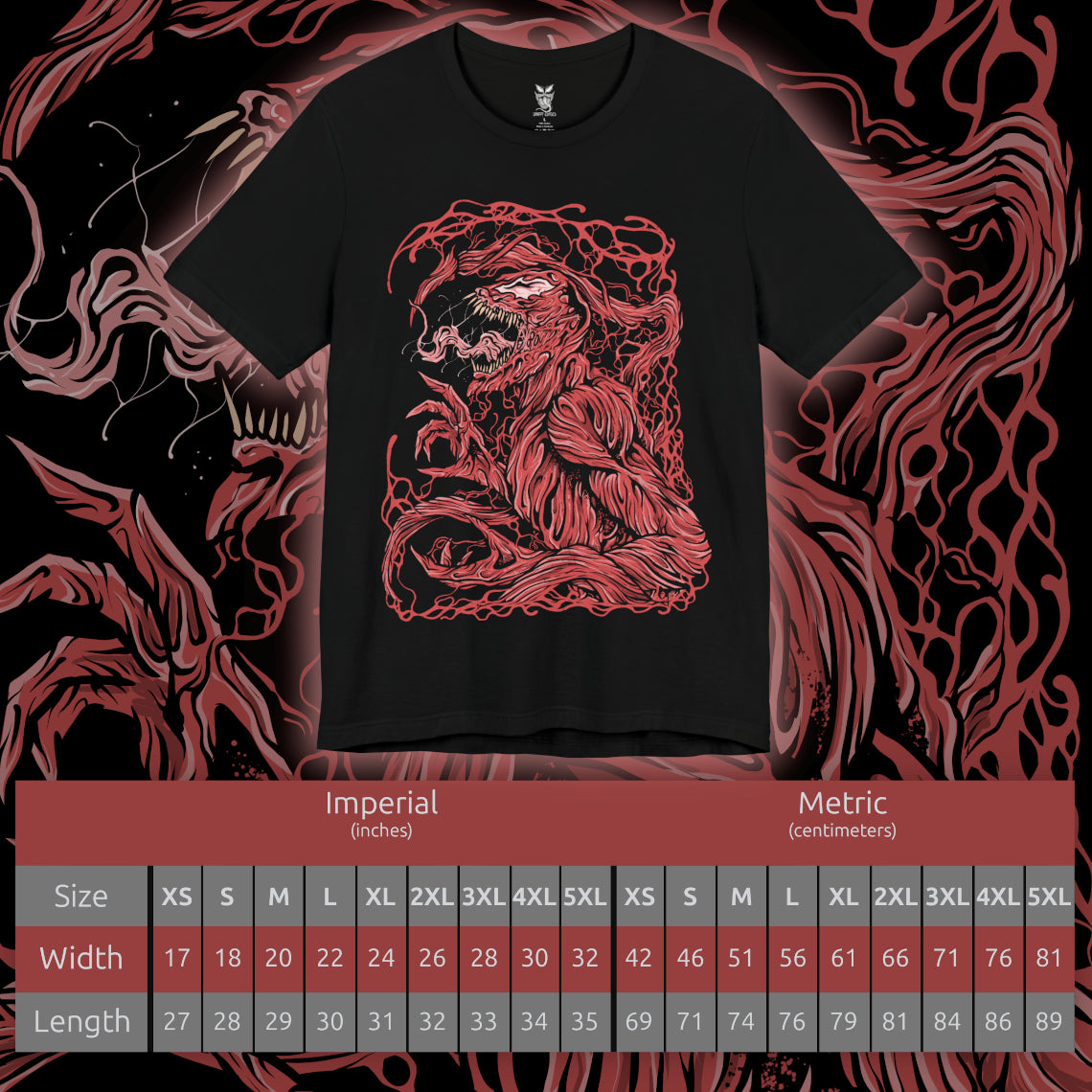 Size chart of a T-Shirt design of Carnage from Marvel, the crimson symbiote erupting into jagged tendrils and razor-sharp blades as chaos unfolds around him. His glowing white eyes and monstrous grin cut through the darkness while living red biomass twists across his muscular frame. The design captures pure madness, unchecked violence, and the terrifying bond between the Carnage symbiote and its host.