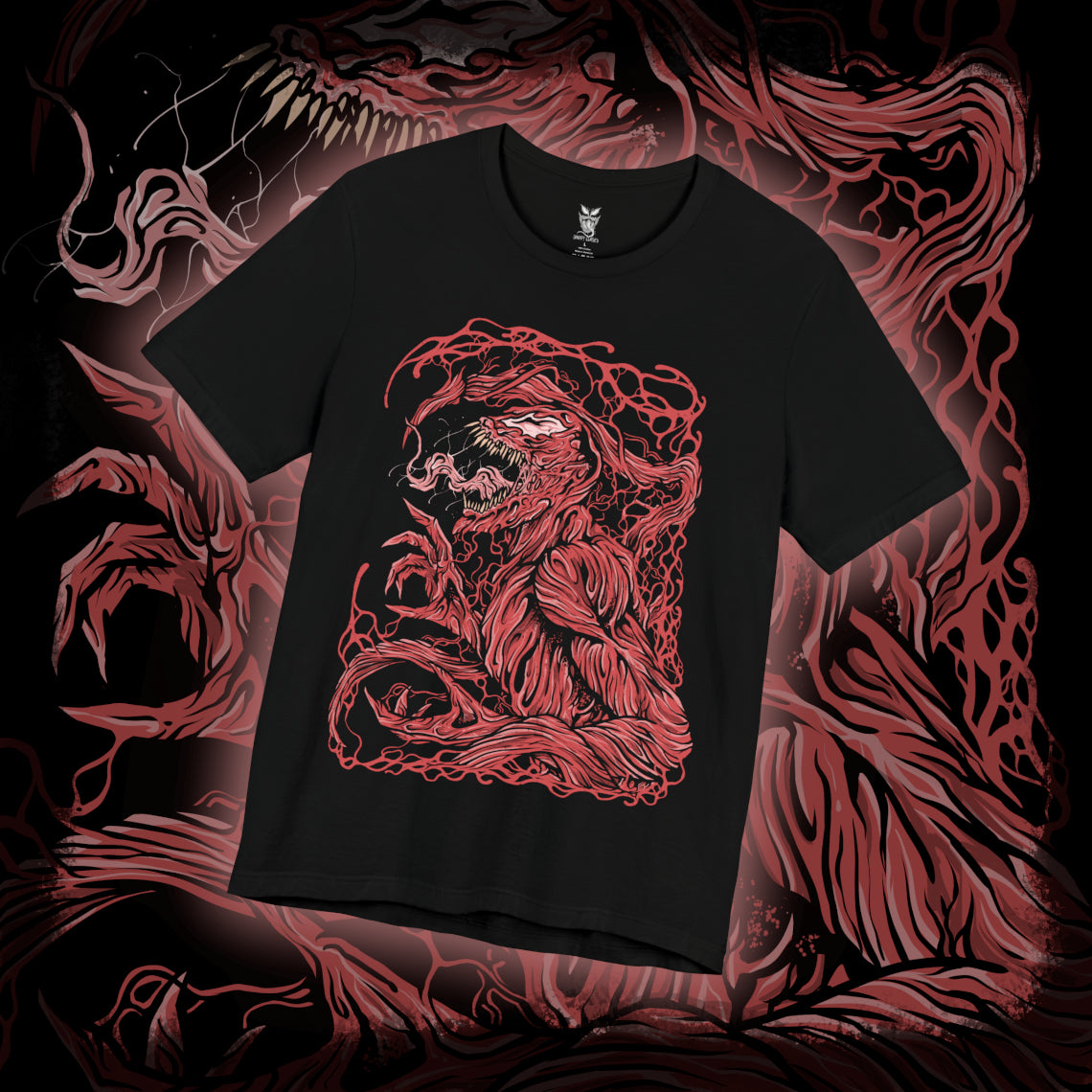 Thumbnail of a T-Shirt design of Carnage from Marvel, the crimson symbiote erupting into jagged tendrils and razor-sharp blades as chaos unfolds around him. His glowing white eyes and monstrous grin cut through the darkness while living red biomass twists across his muscular frame. The design captures pure madness, unchecked violence, and the terrifying bond between the Carnage symbiote and its host.