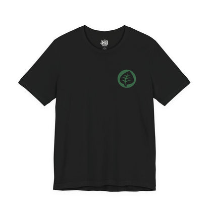 Image 4 of a T-Shirt artwork depicting iconic Grass-type Pokémon standing together in a lush meadow filled with blooming flowers, ancient trees, and winding vines. Green energy flows through the landscape while rays of sunlight illuminate the scene, emphasizing growth and harmony. The design reflects the diverse evolution of Grass-type Pokémon, blending gentle beauty with the hidden strength of nature.