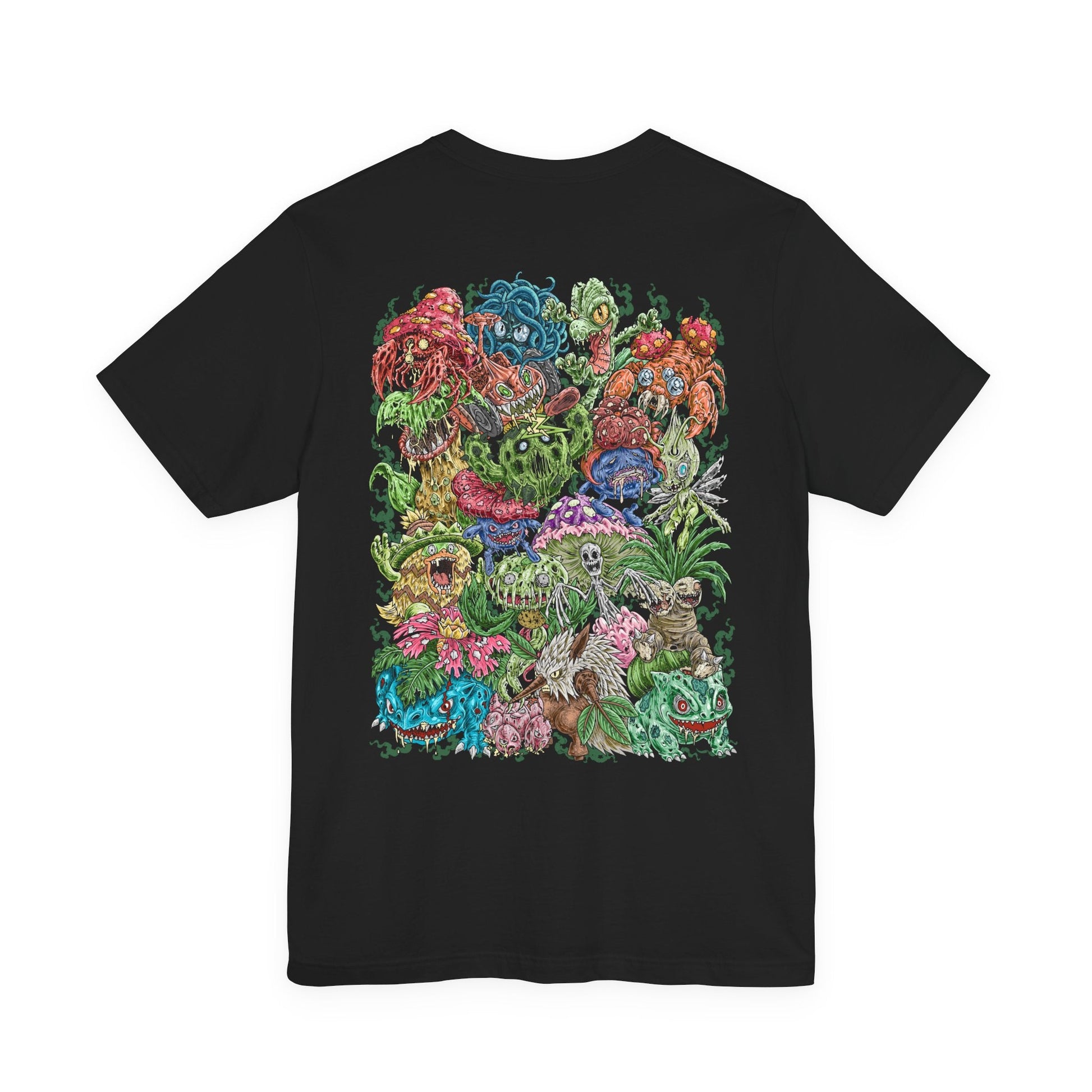 Image 5 of a T-Shirt artwork depicting iconic Grass-type Pokémon standing together in a lush meadow filled with blooming flowers, ancient trees, and winding vines. Green energy flows through the landscape while rays of sunlight illuminate the scene, emphasizing growth and harmony. The design reflects the diverse evolution of Grass-type Pokémon, blending gentle beauty with the hidden strength of nature.