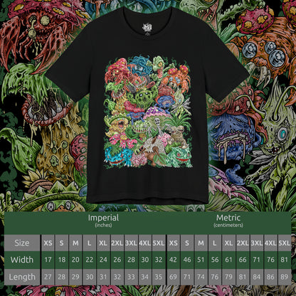 Size chart of a T-Shirt artwork depicting iconic Grass-type Pokémon standing together in a lush meadow filled with blooming flowers, ancient trees, and winding vines. Green energy flows through the landscape while rays of sunlight illuminate the scene, emphasizing growth and harmony. The design reflects the diverse evolution of Grass-type Pokémon, blending gentle beauty with the hidden strength of nature.