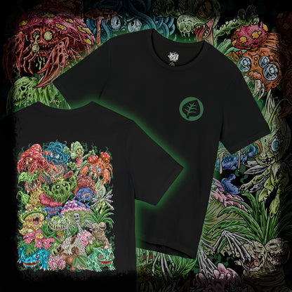 Thumbnail of a T-Shirt artwork depicting iconic Grass-type Pokémon standing together in a lush meadow filled with blooming flowers, ancient trees, and winding vines. Green energy flows through the landscape while rays of sunlight illuminate the scene, emphasizing growth and harmony. The design reflects the diverse evolution of Grass-type Pokémon, blending gentle beauty with the hidden strength of nature.