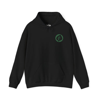 Image 4 of a Hooded Sweatshirt illustration of powerful Grass-type Pokémon emerging from an ancient woodland where moss-covered ruins, giant roots, and glowing foliage create a magical atmosphere. Leaves swirl through the air as vibrant green energy radiates across the forest floor. The composition emphasizes the spirit of nature, botanical power, and the timeless connection between Grass-type Pokémon and the living world.