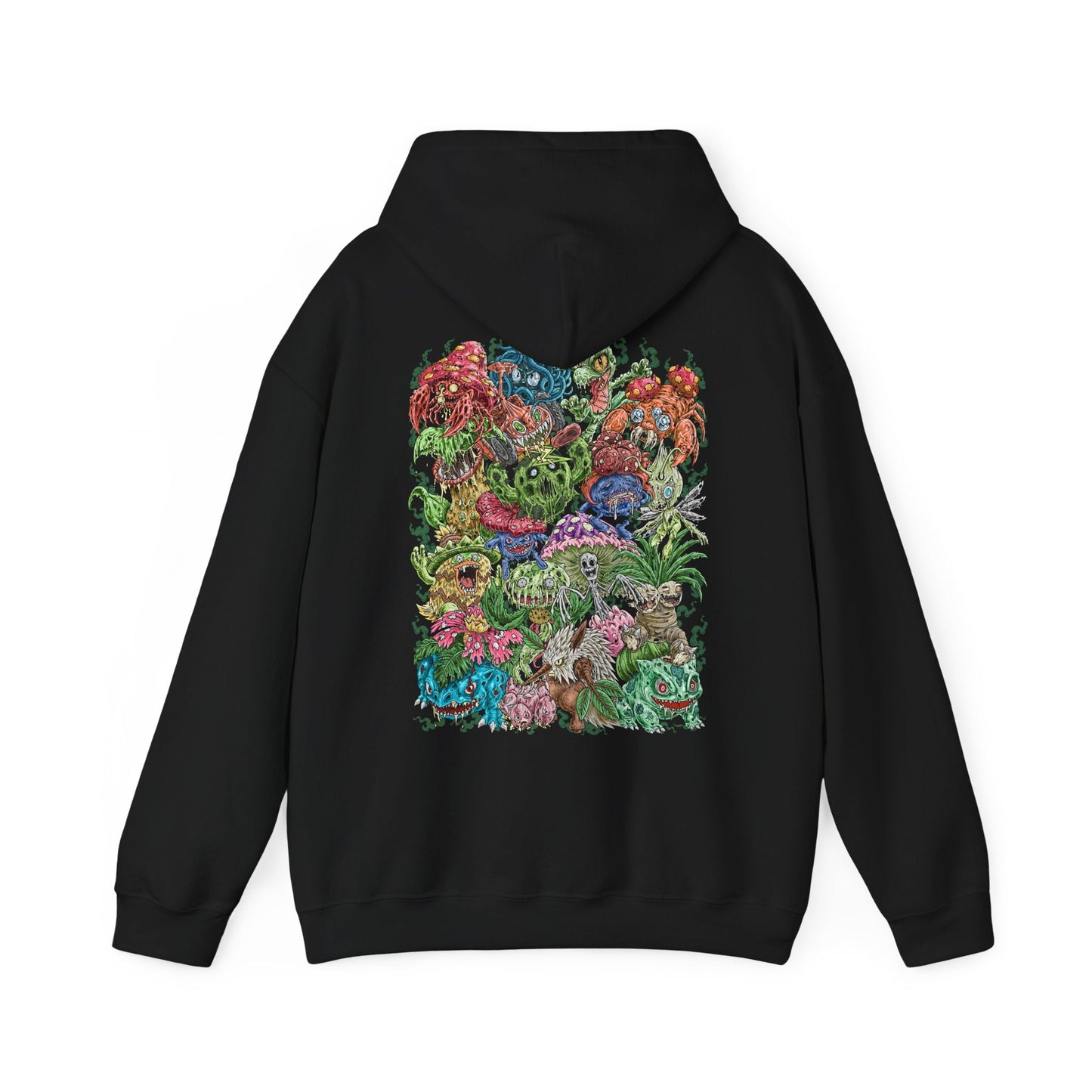 Image 5 of a Hooded Sweatshirt illustration of powerful Grass-type Pokémon emerging from an ancient woodland where moss-covered ruins, giant roots, and glowing foliage create a magical atmosphere. Leaves swirl through the air as vibrant green energy radiates across the forest floor. The composition emphasizes the spirit of nature, botanical power, and the timeless connection between Grass-type Pokémon and the living world.
