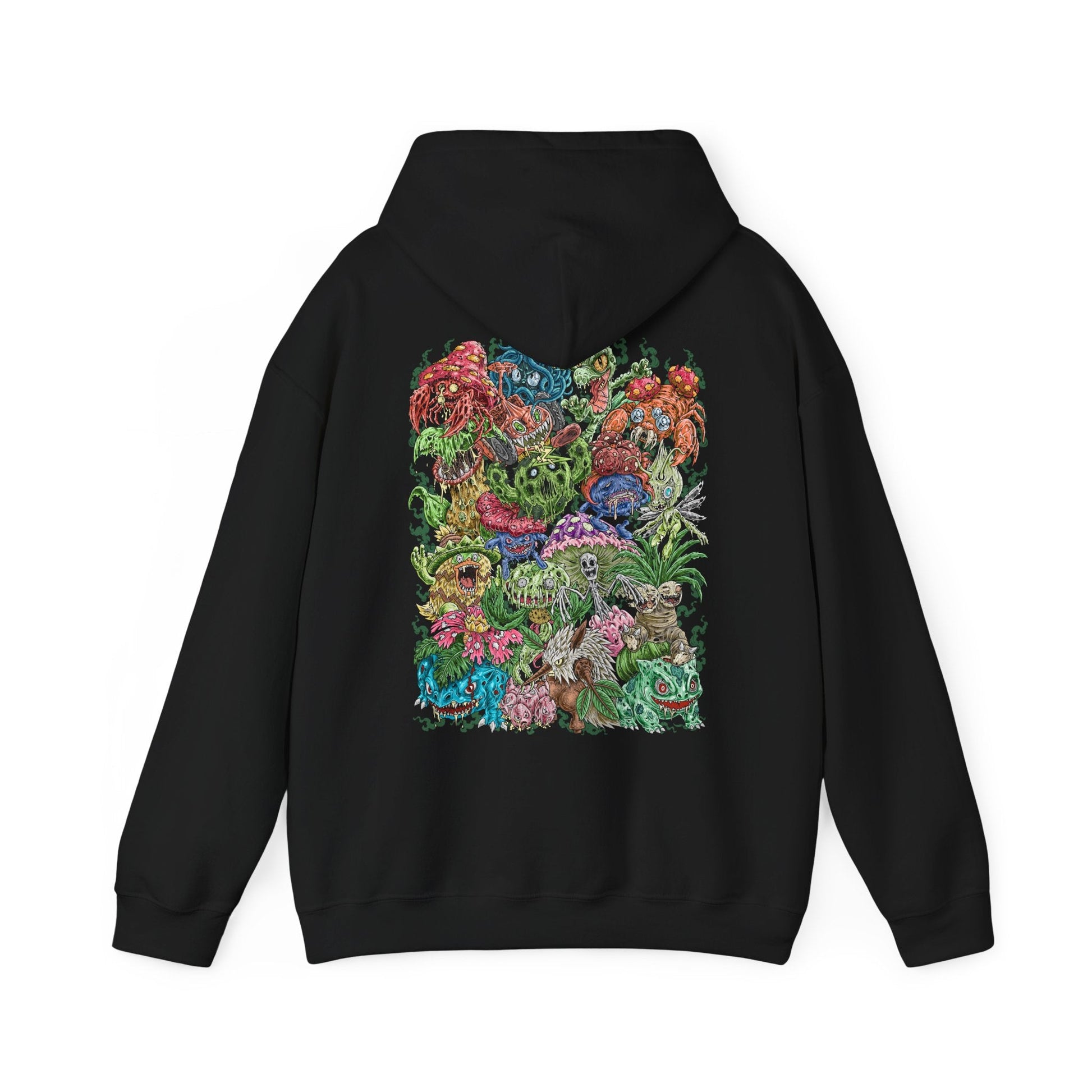 Image 5 of a Hooded Sweatshirt illustration of powerful Grass-type Pokémon emerging from an ancient woodland where moss-covered ruins, giant roots, and glowing foliage create a magical atmosphere. Leaves swirl through the air as vibrant green energy radiates across the forest floor. The composition emphasizes the spirit of nature, botanical power, and the timeless connection between Grass-type Pokémon and the living world.