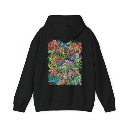 Image 5 of a Hooded Sweatshirt illustration of powerful Grass-type Pokémon emerging from an ancient woodland where moss-covered ruins, giant roots, and glowing foliage create a magical atmosphere. Leaves swirl through the air as vibrant green energy radiates across the forest floor. The composition emphasizes the spirit of nature, botanical power, and the timeless connection between Grass-type Pokémon and the living world.