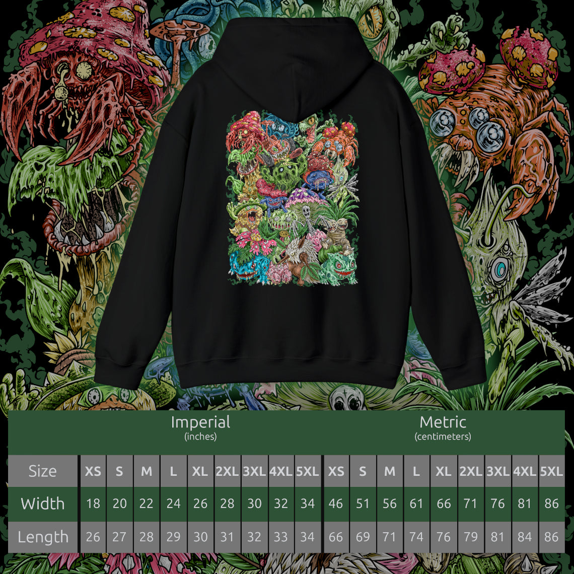 Size chart of a Hooded Sweatshirt illustration of powerful Grass-type Pokémon emerging from an ancient woodland where moss-covered ruins, giant roots, and glowing foliage create a magical atmosphere. Leaves swirl through the air as vibrant green energy radiates across the forest floor. The composition emphasizes the spirit of nature, botanical power, and the timeless connection between Grass-type Pokémon and the living world.