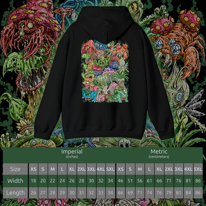 Size chart of a Hooded Sweatshirt illustration of powerful Grass-type Pokémon emerging from an ancient woodland where moss-covered ruins, giant roots, and glowing foliage create a magical atmosphere. Leaves swirl through the air as vibrant green energy radiates across the forest floor. The composition emphasizes the spirit of nature, botanical power, and the timeless connection between Grass-type Pokémon and the living world.