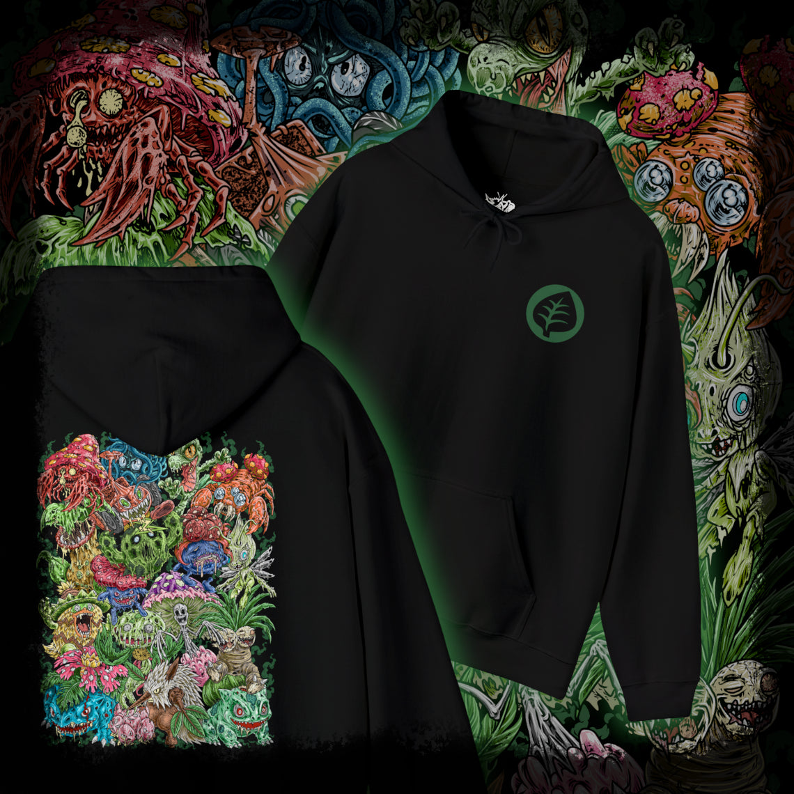 Thumbnail of a Hooded Sweatshirt illustration of powerful Grass-type Pokémon emerging from an ancient woodland where moss-covered ruins, giant roots, and glowing foliage create a magical atmosphere. Leaves swirl through the air as vibrant green energy radiates across the forest floor. The composition emphasizes the spirit of nature, botanical power, and the timeless connection between Grass-type Pokémon and the living world.
