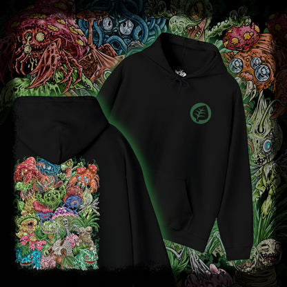 Thumbnail of a Hooded Sweatshirt illustration of powerful Grass-type Pokémon emerging from an ancient woodland where moss-covered ruins, giant roots, and glowing foliage create a magical atmosphere. Leaves swirl through the air as vibrant green energy radiates across the forest floor. The composition emphasizes the spirit of nature, botanical power, and the timeless connection between Grass-type Pokémon and the living world.