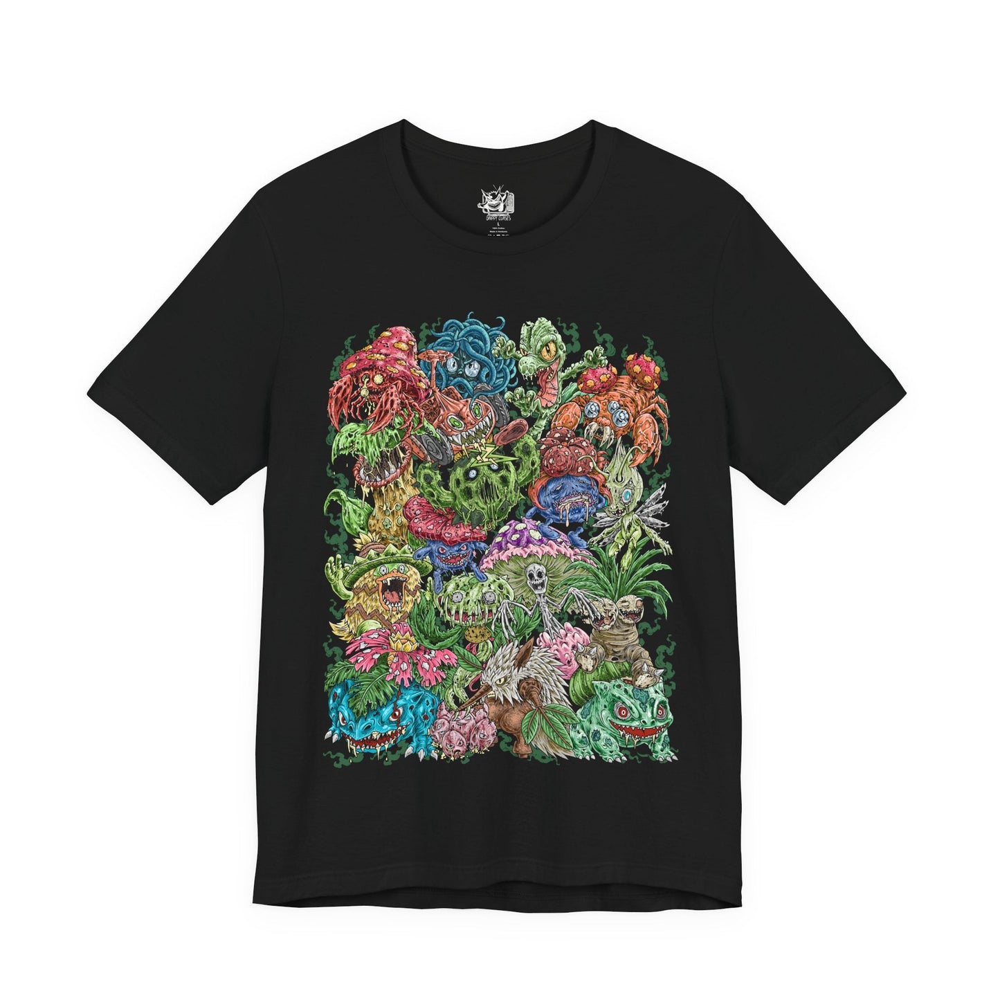 Image 4 of a T-Shirt design featuring a collection of Grass-type Pokémon gathered within a vibrant enchanted forest, surrounded by towering trees, flowering vines, and glowing leaves. Sunlight filters through the canopy as nature flourishes around them, highlighting their deep connection to forests, plants, and natural energy. The design captures the peaceful beauty, resilience, and elemental power that define Grass-type Pokémon.