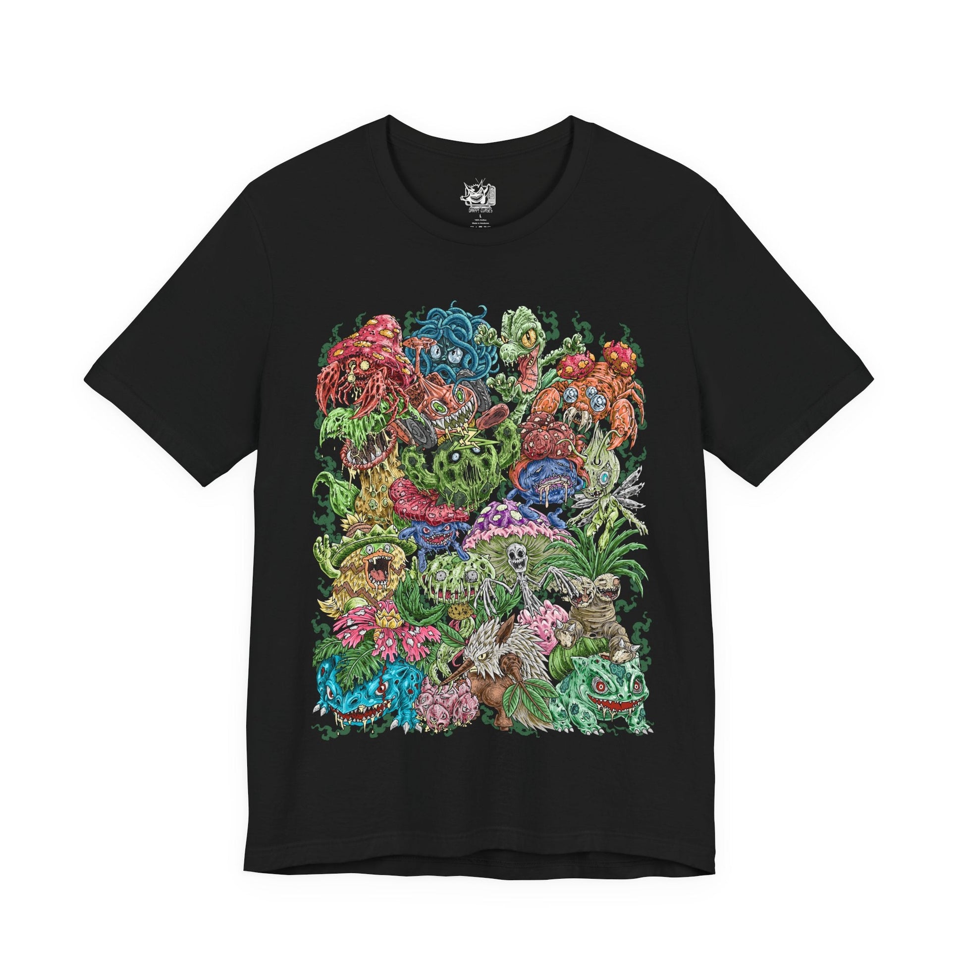 Image 4 of a T-Shirt design featuring a collection of Grass-type Pokémon gathered within a vibrant enchanted forest, surrounded by towering trees, flowering vines, and glowing leaves. Sunlight filters through the canopy as nature flourishes around them, highlighting their deep connection to forests, plants, and natural energy. The design captures the peaceful beauty, resilience, and elemental power that define Grass-type Pokémon.