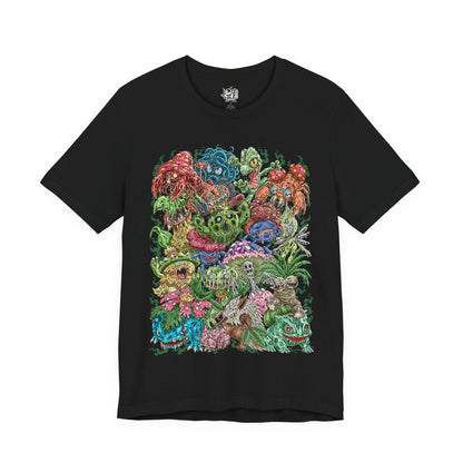 Image 4 of a T-Shirt design featuring a collection of Grass-type Pokémon gathered within a vibrant enchanted forest, surrounded by towering trees, flowering vines, and glowing leaves. Sunlight filters through the canopy as nature flourishes around them, highlighting their deep connection to forests, plants, and natural energy. The design captures the peaceful beauty, resilience, and elemental power that define Grass-type Pokémon.