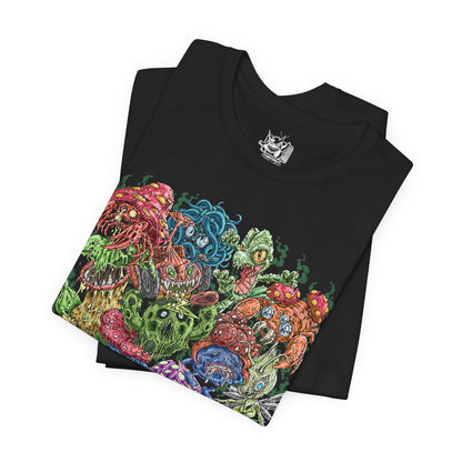 Image 5 of a T-Shirt design featuring a collection of Grass-type Pokémon gathered within a vibrant enchanted forest, surrounded by towering trees, flowering vines, and glowing leaves. Sunlight filters through the canopy as nature flourishes around them, highlighting their deep connection to forests, plants, and natural energy. The design captures the peaceful beauty, resilience, and elemental power that define Grass-type Pokémon.